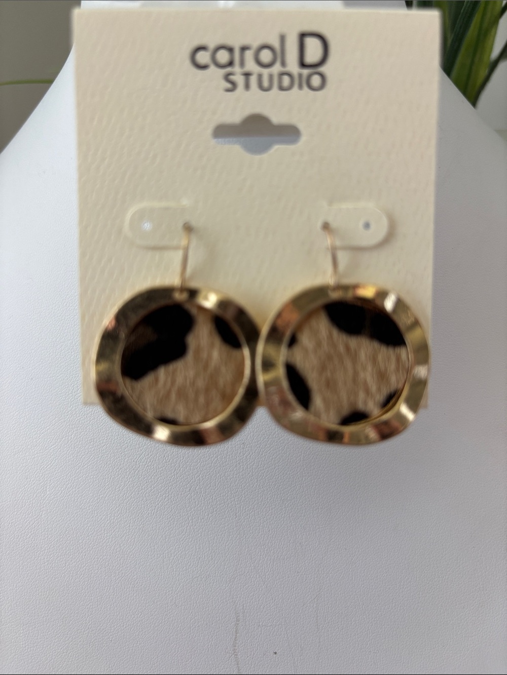 Carol D Studio Calf Hair leopard print circle, dangle, goldtone border, fishhook